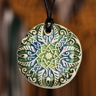 Hand-Painted Green and Blue Floral Ceramic Pendant Necklace