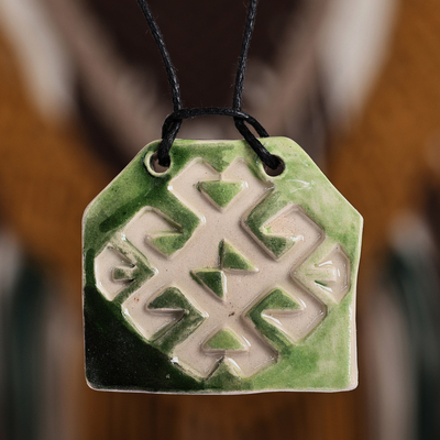 Hand-Painted Geometric Green Ceramic Pendant Necklace
