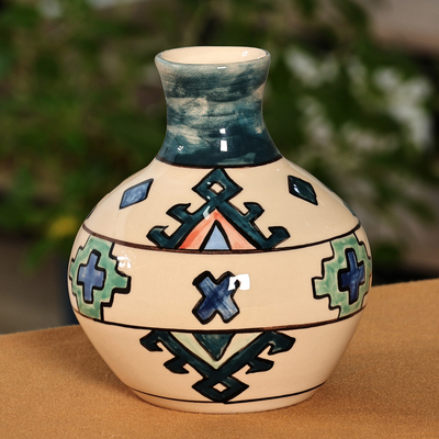 Traditional Patterned Green and Ivory Ceramic Vase