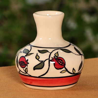 Handcrafted Pomegranate-Themed Red and Ivory Ceramic Vase