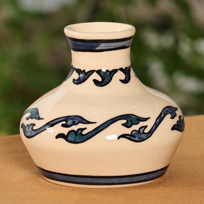 Classic Leafy Azure and Ivory Ceramic Mini Vase from Armenia