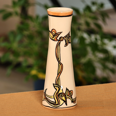 Classic Bird-Themed Glossy Yellow and Ivory Ceramic Vase