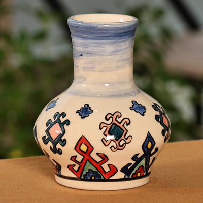 Traditional Patterned Ivory and Blue Ceramic Mini Vase
