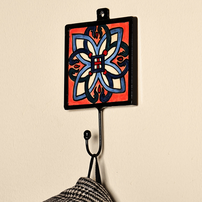 Handcrafted Floral-Inspired Red and Blue Ceramic Coat Hanger