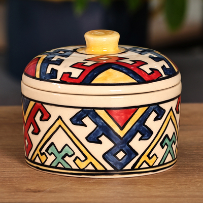 Handcrafted Traditional Patterned Round Ceramic Jewelry Box