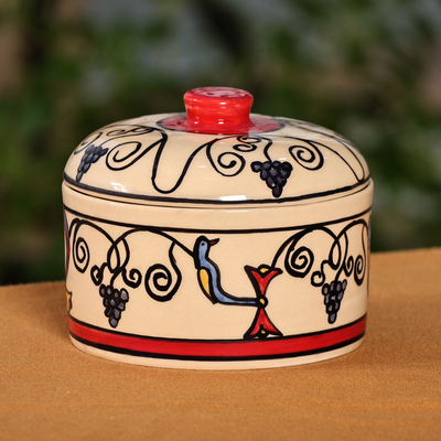 Handcrafted Nature-Themed Round Ceramic Jewelry Box