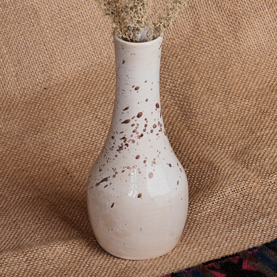 Hand-Painted Glazed Splatter Ceramic Vase in White and Brown