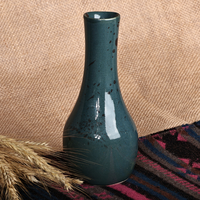 Hand-Painted Glazed Splatter Ceramic Vase in Teal and Brown
