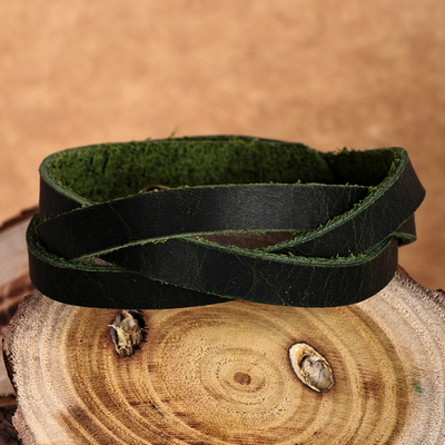 Braided Style Leather Strand Wristband Bracelet in Green