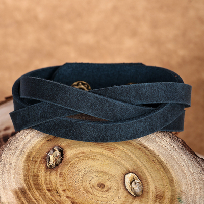 Braided Style Leather Strand Wristband Bracelet in Blue
