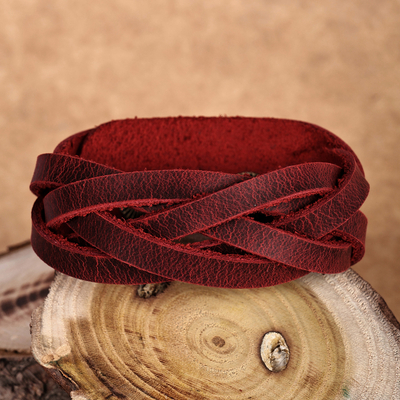 Burgundy Leather Wristband Bracelet with Braided Strands
