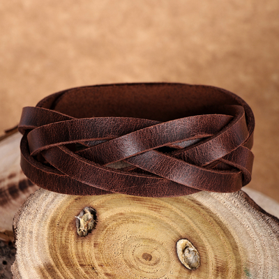 Braided Style Leather Strand Wristband Bracelet in Brown