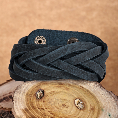 Leather Wristband Bracelet with Braided Strands in Blue