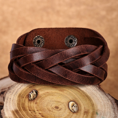 Leather Wristband Bracelet with Braided Strands in Brown