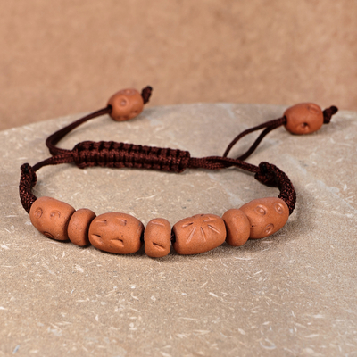Terracotta Beaded Pendant Bracelet with Brown Macrame Cord
