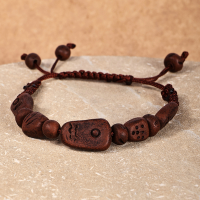 Hand-Painted Brown Ceramic Beaded Macrame Pendant Bracelet