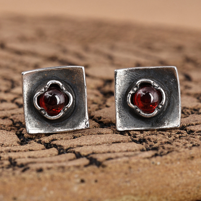 Square Sterling Silver and Natural Garnet Button Earrings