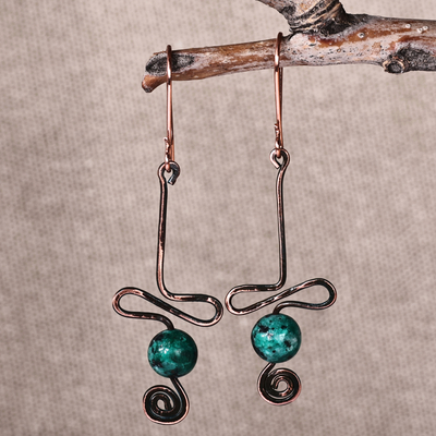 Antique-Finished Copper and Natural Jade Dangle Earrings