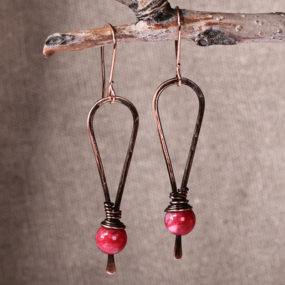 Antique-Finished Copper and Natural Red Jade Dangle Earrings