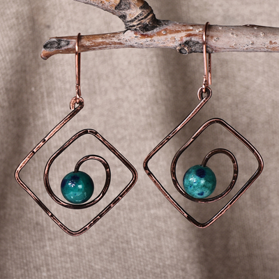 Diamond-Shaped Copper and Natural Jade Dangle Earrings