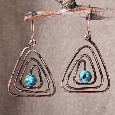 Triangular Copper and Natural Jade Dangle Earrings