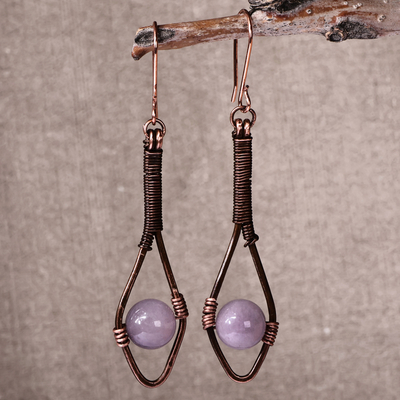 Antiqued Classic Copper and Purple Jade Dangle Earrings