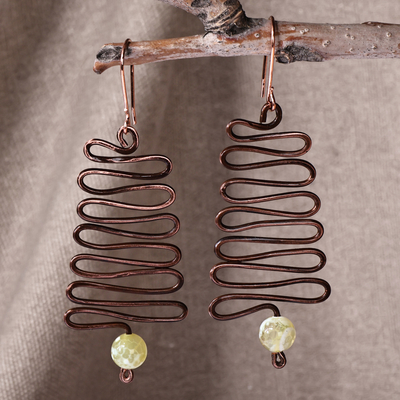 Antiqued Sinuous Copper and Natural Agate Dangle Earrings