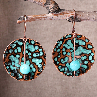 Antique-Finished Round Copper and Jade Dangle Earrings