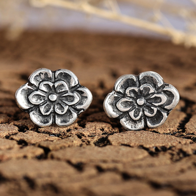 Oxidized and Polished Floral Sterling Silver Button Earrings