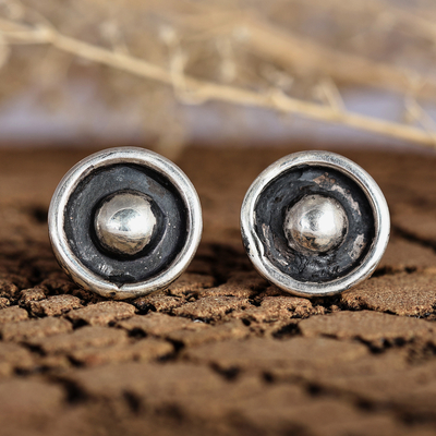 Oxidized and Polished Round Sterling Silver Button Earrings