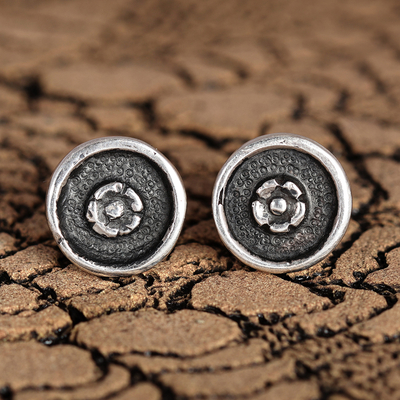 Oxidized Round Floral Sterling Silver Button Earrings