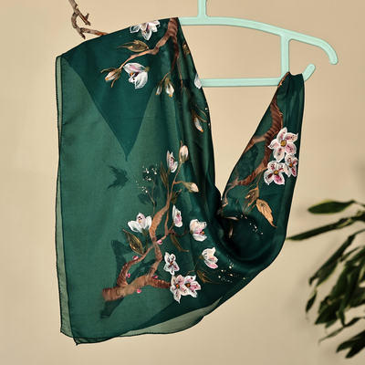 Hand-Painted Floral-Themed Soft Green 100% Silk Scarf