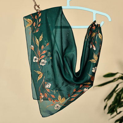 Leafy and Floral Hand-Painted Soft Green Silk Scarf