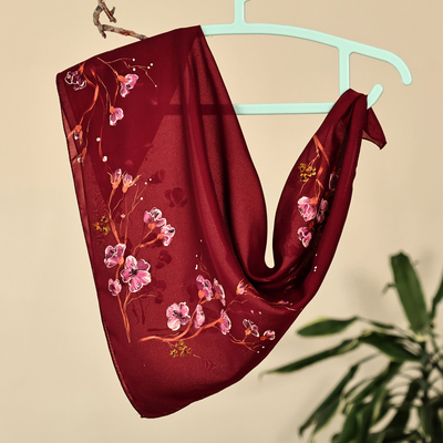 Leafy and Floral Hand-Painted Soft Burgundy Silk Scarf