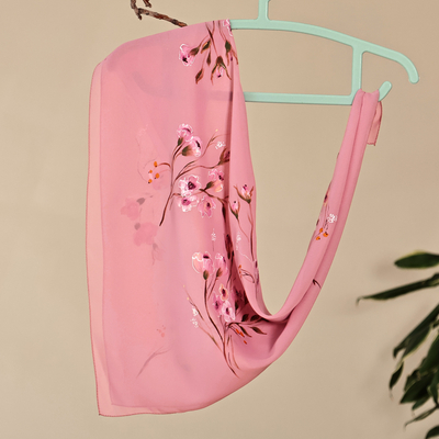 Hand-Painted Floral-Themed Soft Pink 100% Silk Scarf