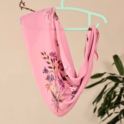Floral Hand-Painted 100% Silk Scarf in a Pink Base Hue