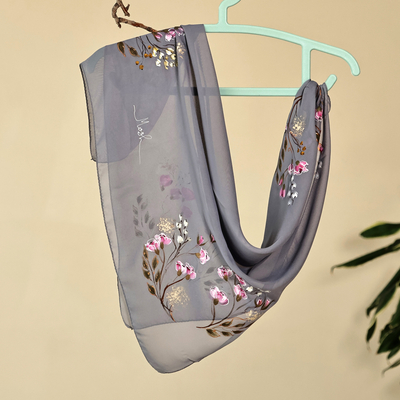 Hand-Painted Floral-Themed Soft Grey 100% Silk Scarf