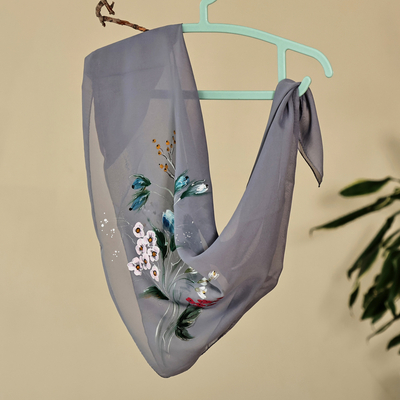 Floral Hand-Painted 100% Silk Scarf in a Grey Base Hue
