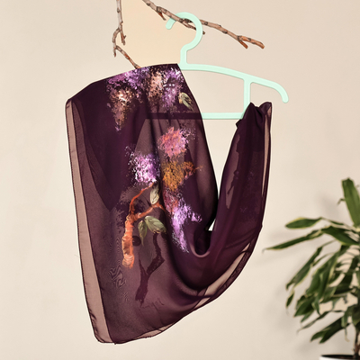 Hand-Painted Floral-Themed Soft Purple 100% Silk Scarf