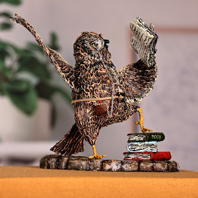 Hand-Painted Whimsical Owl-Themed Papier Mache Sculpture