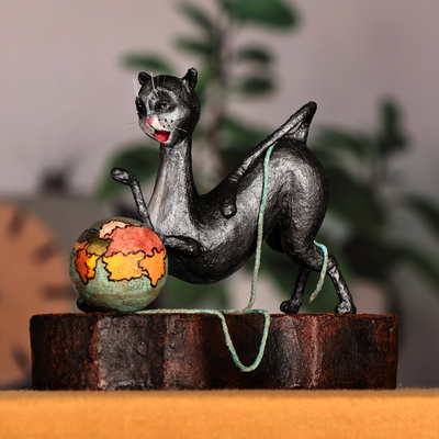 Hand-Painted Whimsical Cat-Themed Papier Mache Sculpture