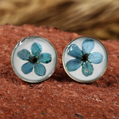 Round Resin Coated Forget-Me-Not Flower Button Earrings