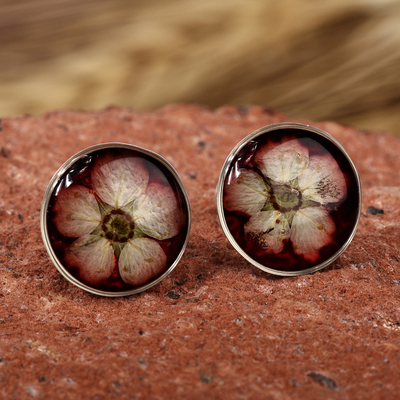 Resin-Coated Meadowsweets Flower Button Earrings in Burgundy
