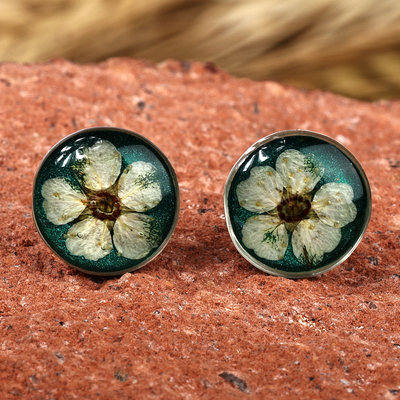 Resin-Coated Meadowsweets Flower Button Earrings in Teal