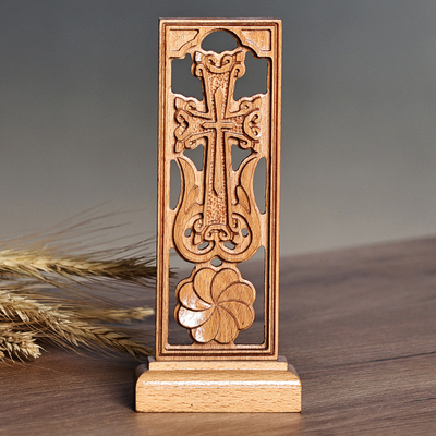 Hand-Carved Floral Beech Wood Cross Sculpture from Armenia