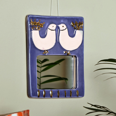 Bird-Themed Azure and Golden Ceramic Wall Accent Mirror