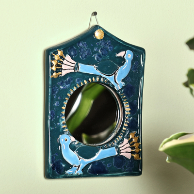 Bird-Themed Blue Ceramic Wall Accent Mirror from Armenia