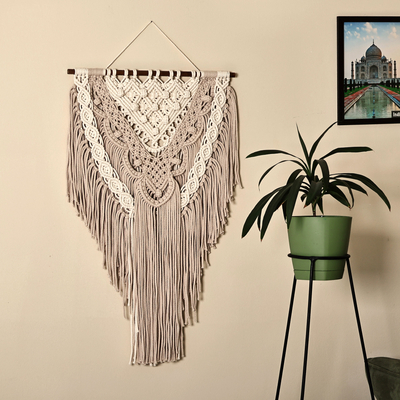 Handwoven Beige and Ivory Cotton Macrame Wall Hanging