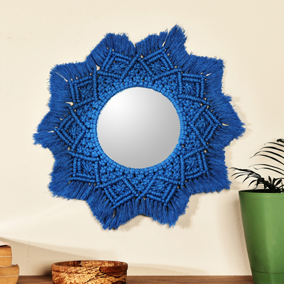 Handwoven Star-Shaped Blue Cotton Macrame Wall Accent Mirror