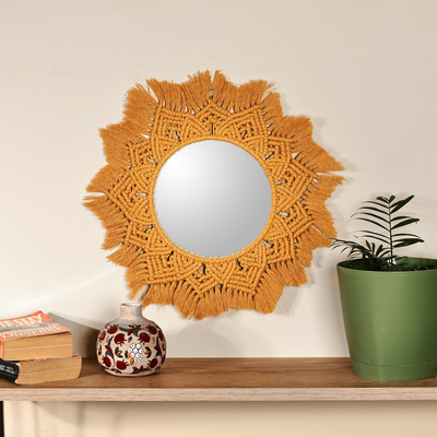 Handwoven Floral Yellow Cotton Macrame Wall Accent Mirror